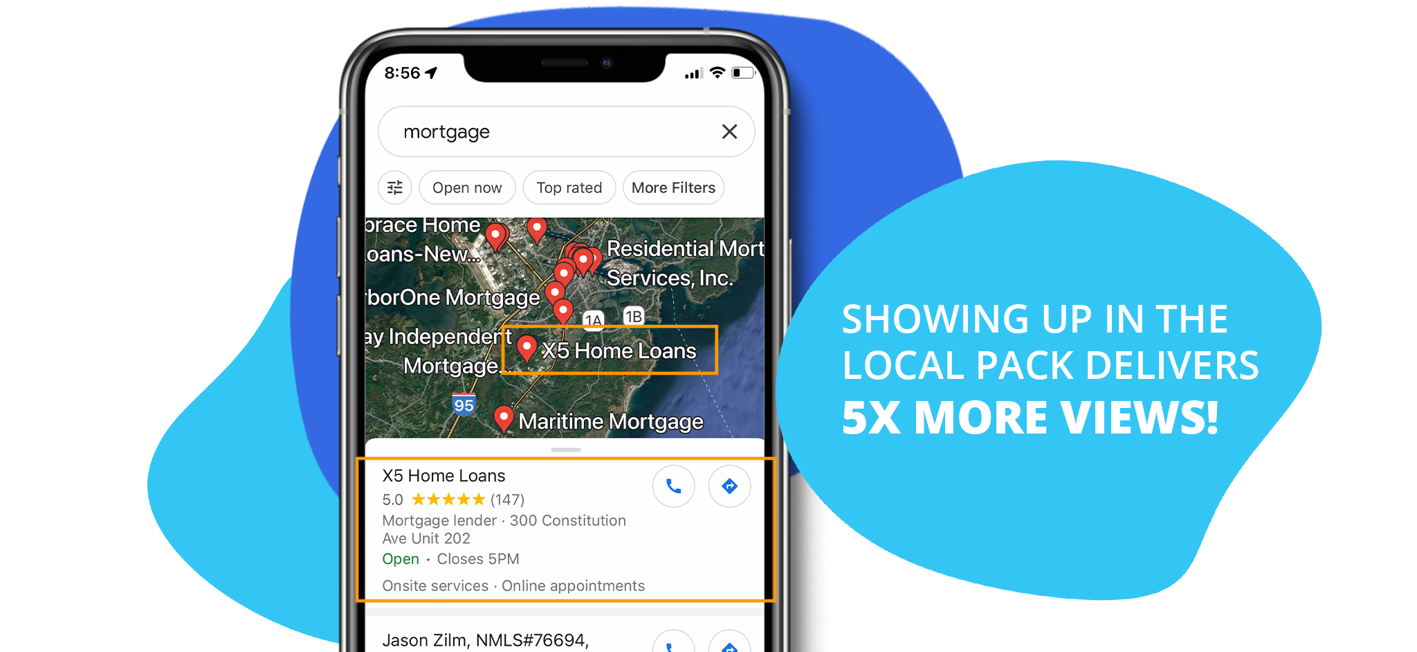 leadpops helped X5 Home Loans achieve the top ranking in the Google Local Pack